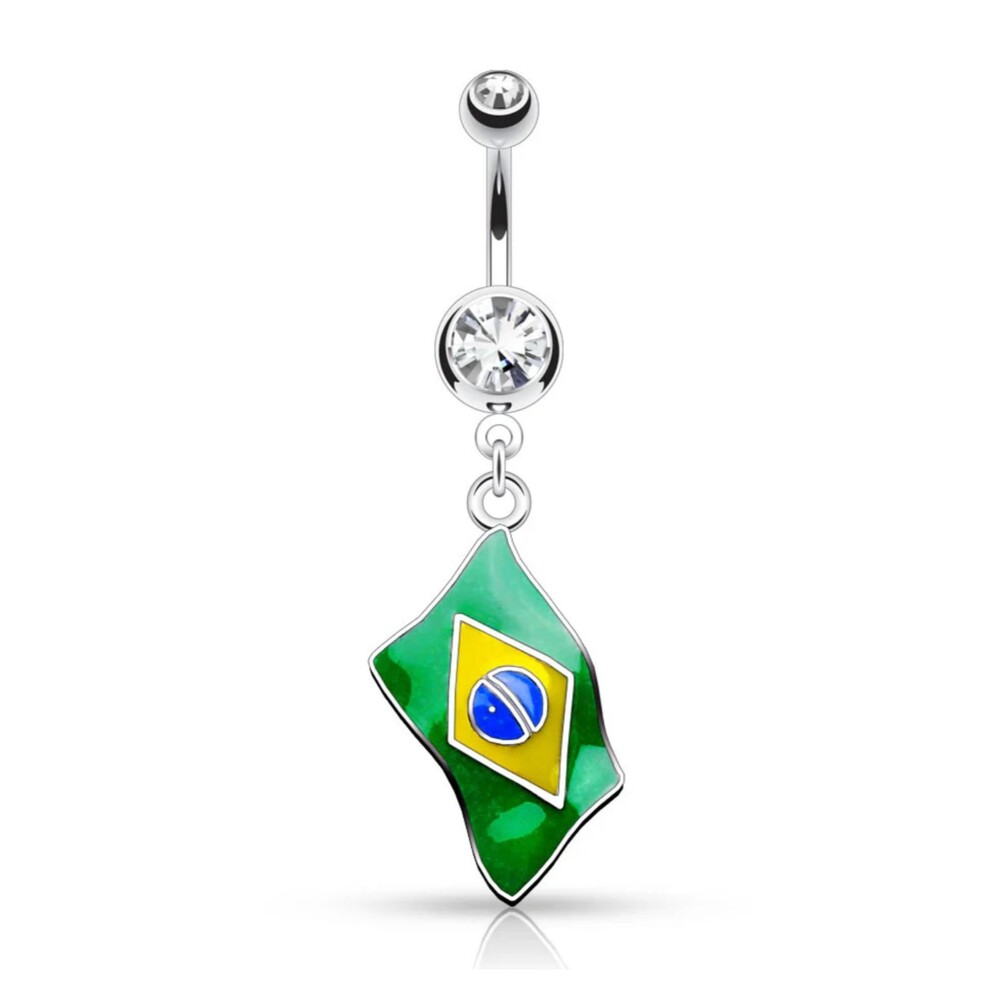 Brazil Flag Dangle Belly Ring – 14G 316L Surgical Steel | CZ Gem Top